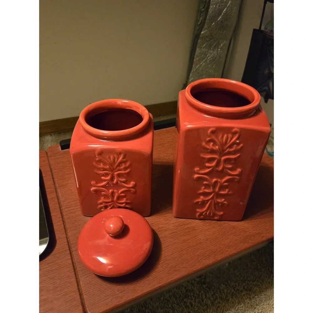 Burnt Orange Ceramic Canister Set‎ Embossed Scroll Square Kitchen Storage 2pc